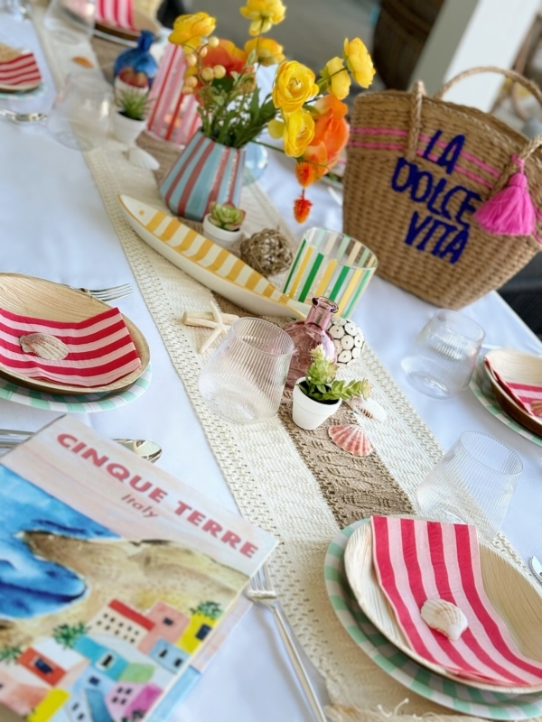 Bohemian Coastal Table Setting Set with Striped Pink Napkins