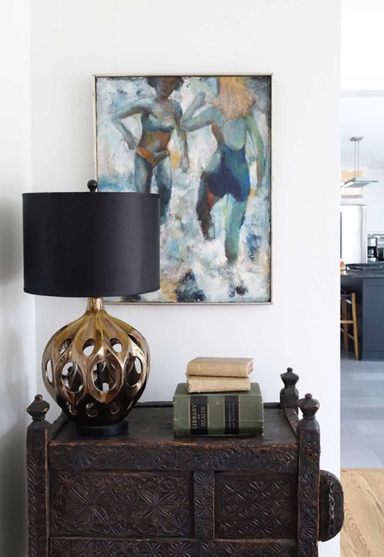Bohemian Entryway Vignette: Sculptural Lamp & Intricately Carved Chest