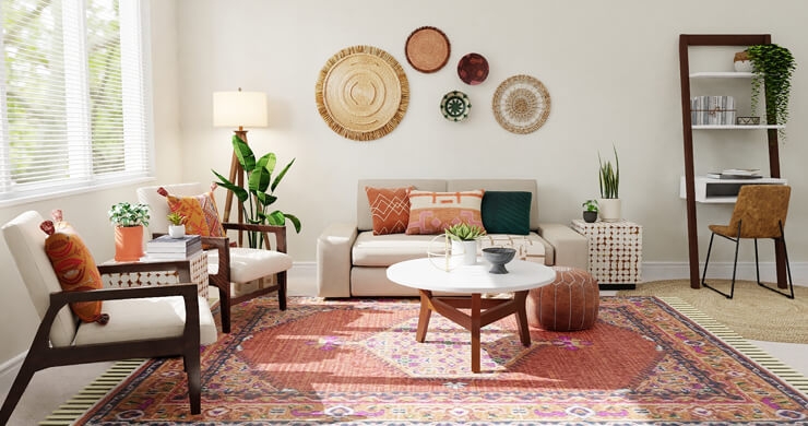 Bohemian Living Room Layout: Woven Wall Decor & Patterned Area Rug