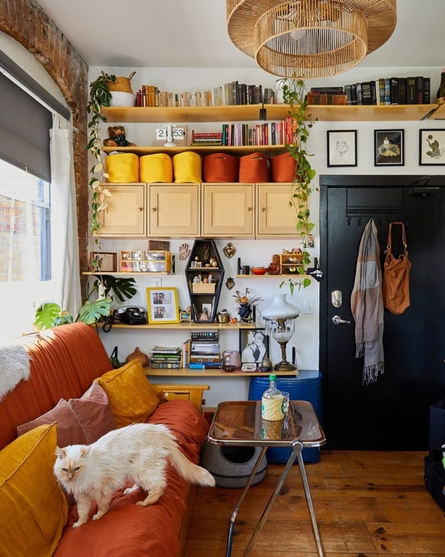 Bohemian Living Room: Tiered Shelving and Rust Sofa