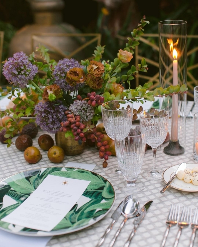 Bohemian Luxe Tablescape Setting with Tropical Leaf Plate