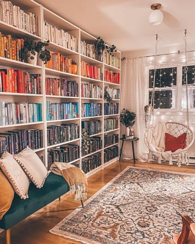 Bohemian Reading Room: Rainbow Book Organization & Hanging Tassel Chair