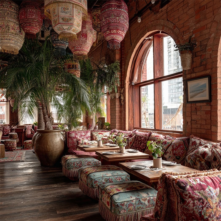 Bohemian Restaurant Seating: Clustered Lanterns & Patterned Cushions