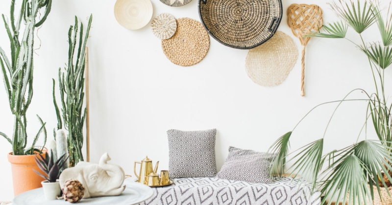 Bohemian Wall Basket Gallery with Gold Tea Set Accents