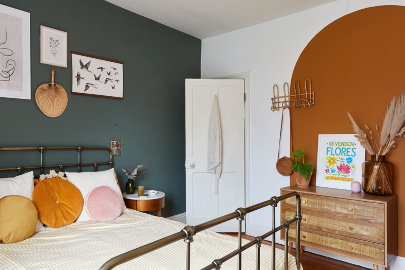 Boho Eclectic Bedroom: Painted Wall Arch & Dark Teal Accent