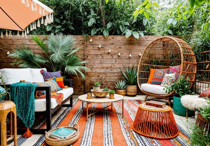 Boho Lounge Set featuring Egg Chair and Striped Boho Rug with Lush Greenery