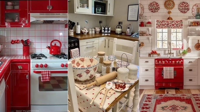 Bold Red Farmhouse Kitchen Ideas with Vintage Range and Floral Accents