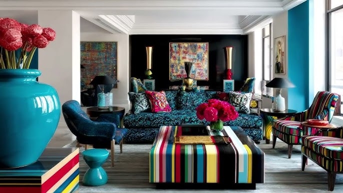 Bold Striped Coffee Table Styling in Eclectic Teal and Black Living Room