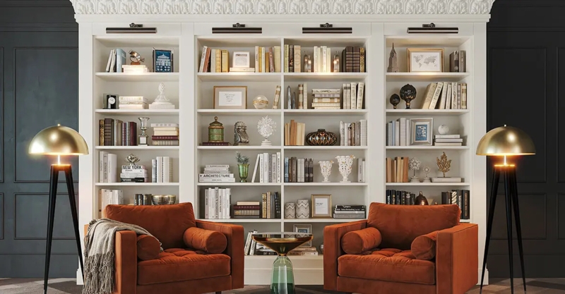 Bookcase Custom Built-In Burnt Orange Velvet Chairs Crown Molding