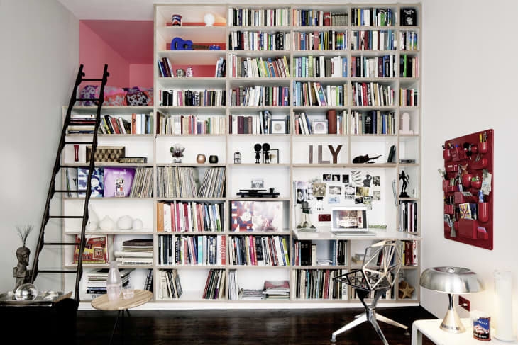Bookcase with Integrated Desk Nook in Eclectic Floor to Ceiling Design
