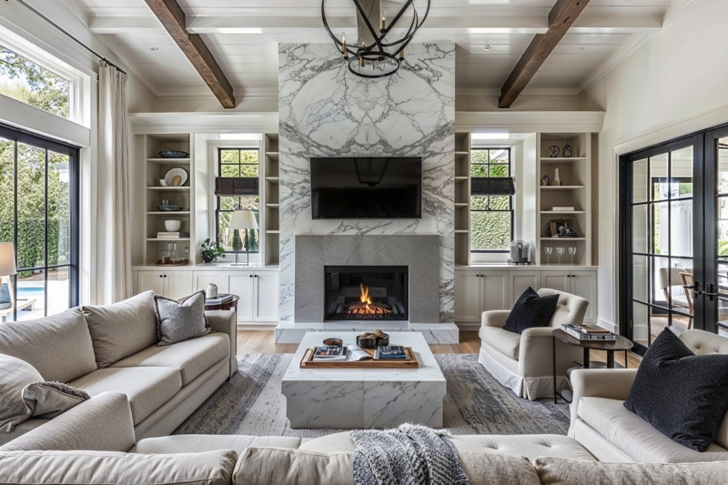 Bookmatched Marble Fireplace in Modern Rustic Living Room with Dark Beams