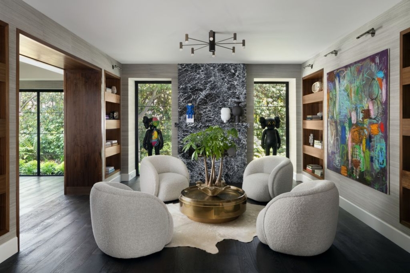 Bookmatched Marble Mantel Fireplace with Circular Boucle Seating