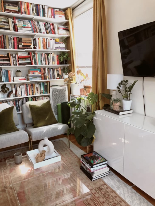 Bookshelf: White Floor to Ceiling with Mustard Curtains