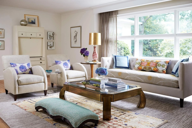 Brass Octagonal Coffee Table Transitional Living Room Tufted Sofa