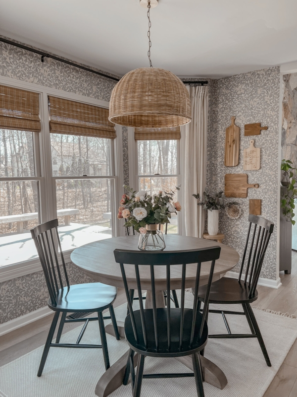 Breakfast Nook Ideas: Large Woven Pendant & Botanical Wallpaper