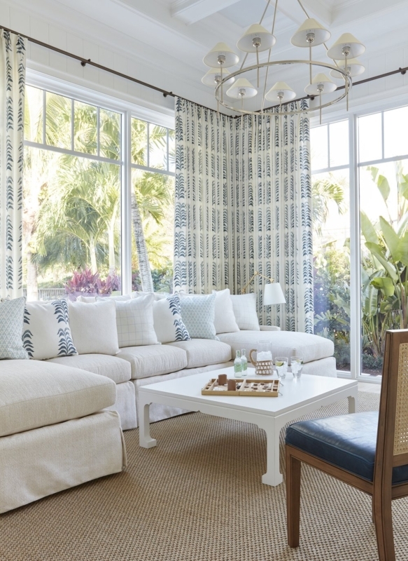 Bright Sunroom: Botanical Print Curtains & Skirted Sectional
