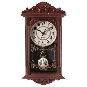 Brown Vintage Wall Clock featuring Scrolled Pediment