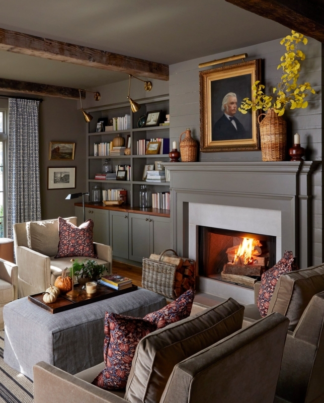 Built-in Bookcase: Grey Cabinets with Rustic Exposed Ceiling Beams.