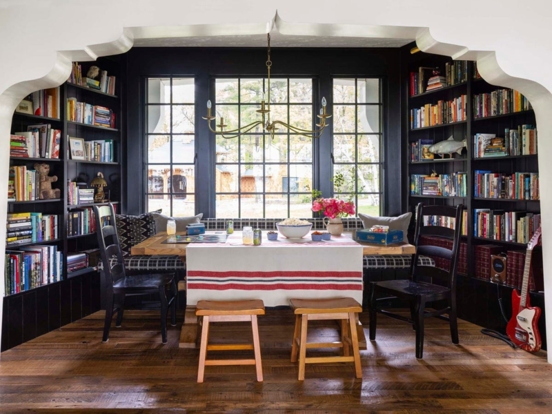 Built-in Bookcase: Matte Black with Sculptural Archway and Window Seat