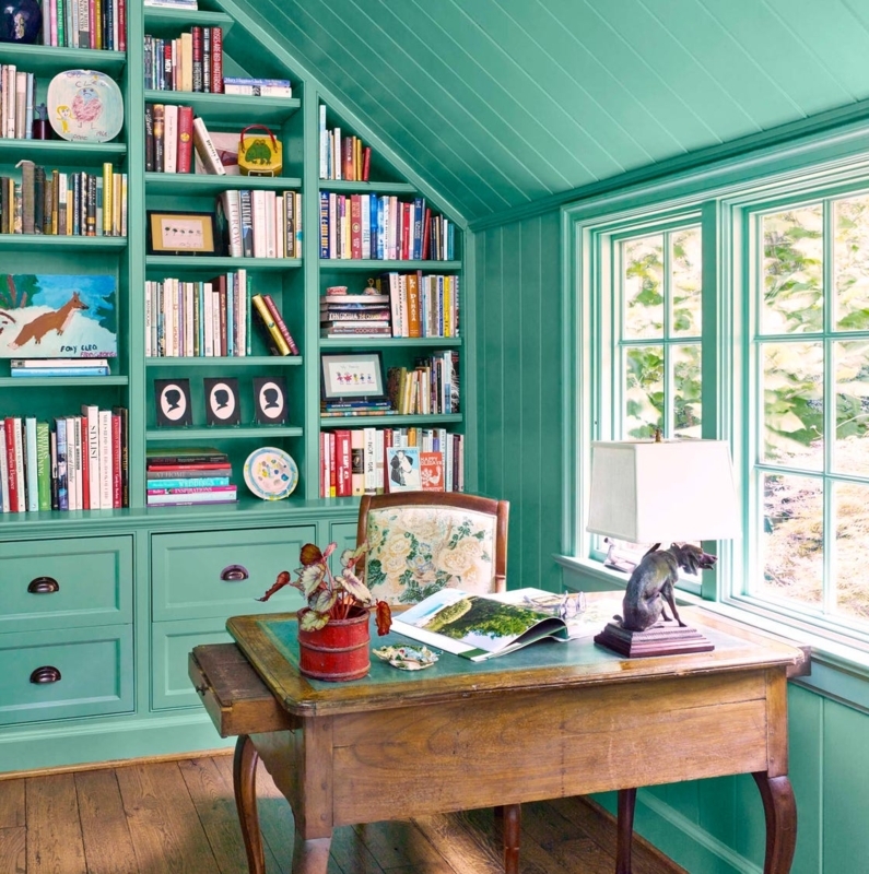 Built-in Bookcase: Teal with Sloped Ceiling and Beadboard Details