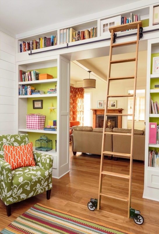 Built-in Bookcase: With Rolling Library Ladder and Lime Green Interior