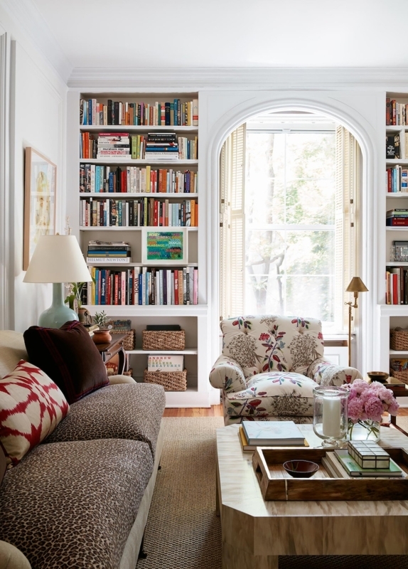 Built-in Bookcases: Maximalist Living Room with Bold Pattern Mixing.