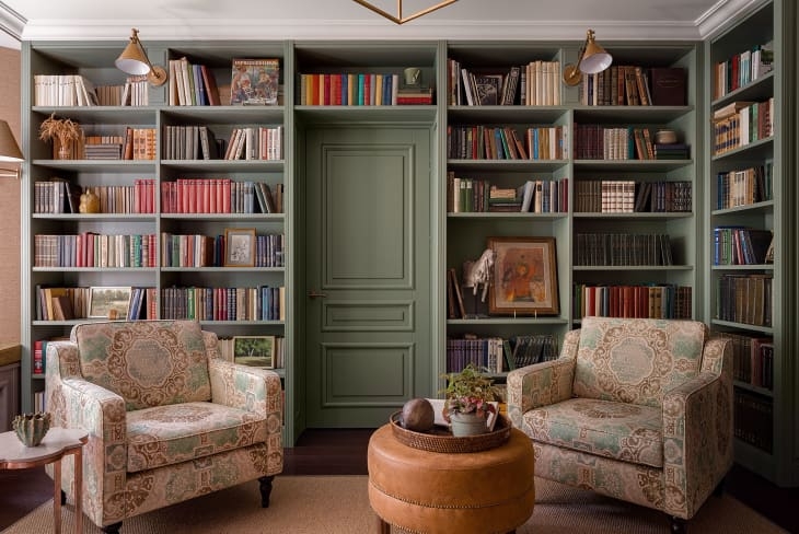 Built In Bookcases Sage Green Integrated Door Patterned Chairs