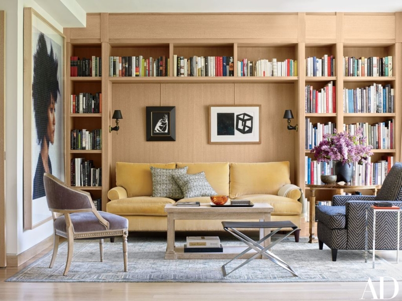 Built-in Bookshelf: Light Wood Unit featuring a Recessed Sofa Niche.