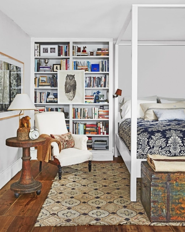 Built-in Bookshelf: White with Canopy Bed and Vintage Trunk