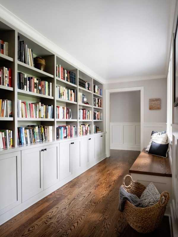 Built-In Bookshelf with Window Seat & Wainscoting in Hallway