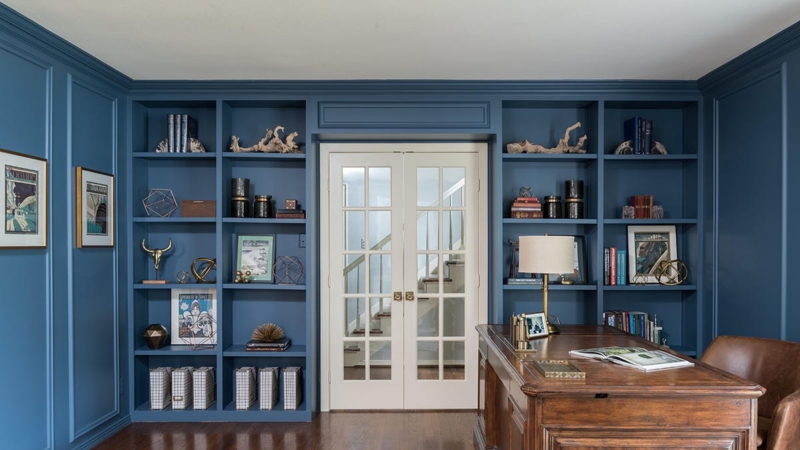 Built-in Bookshelves: Deep Navy Blue with Framed French Doors