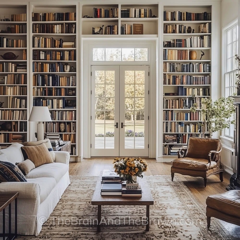 Built-in Bookshelves: Traditional Library Units Framing French Doors.
