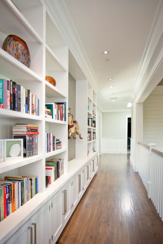 Built-In Hallway Library with Floor-to-Ceiling Shelving & Cabinets