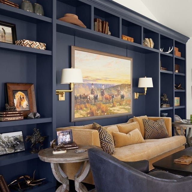 Built In Shelving Navy Blue Mustard Velvet Sofa Western Art