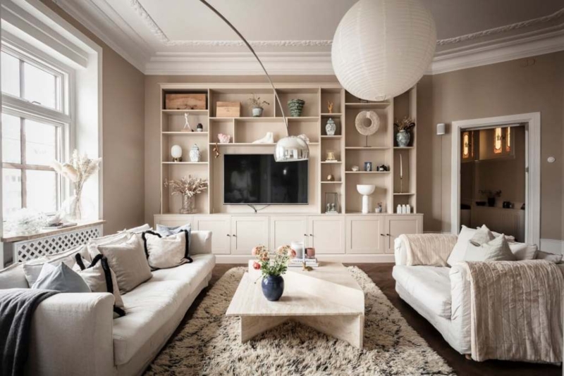Built-in Shelving: Scandinavian Style with an Oversized Paper Pendant.