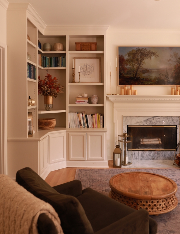 Built-in Shelving: Transitional Cream Corner Unit with Crown Molding.
