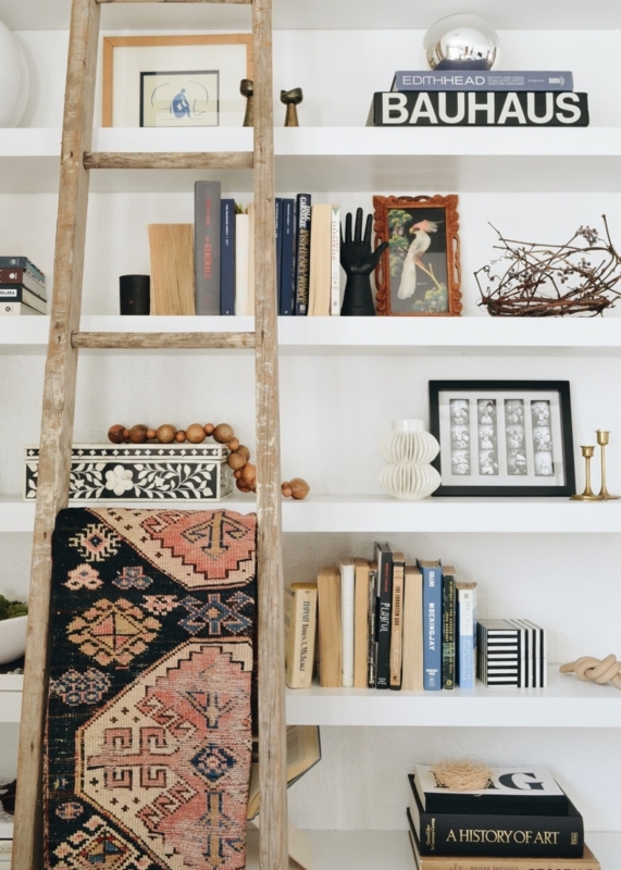 Built In Shelving Weathered Ladder Draped Textile Eclectic Styling