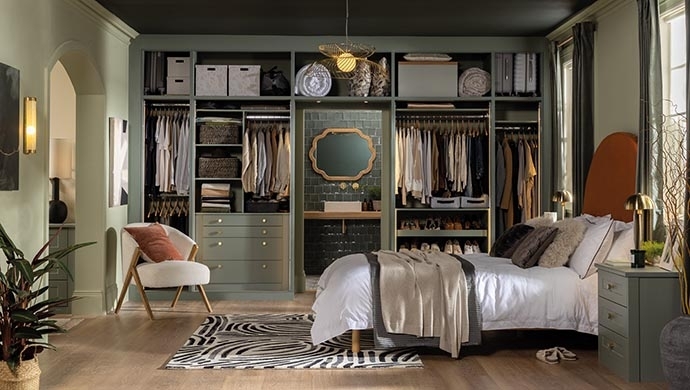 Built-In Wardrobe Bridge Bedroom with Dark Ceiling Sage Green Storage
