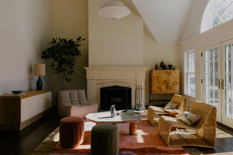 Burl Wood Cabinet and Woven Lounge Chairs in Organic Modern Room