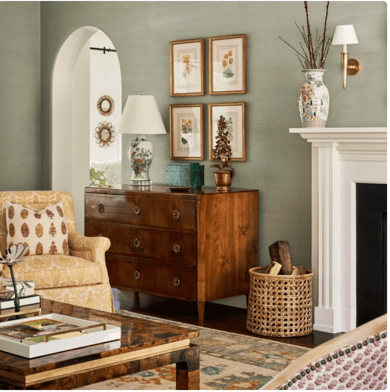 Burl Wood Coffee Table Styling with Sage Grasscloth Walls