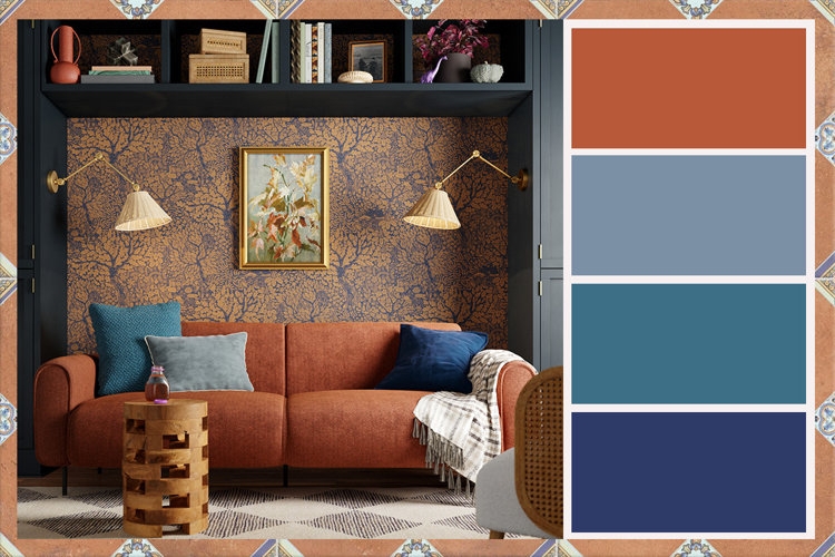 Burnt Orange Sofa with Botanical Wallpaper and Brass Swing Arm Lamps.