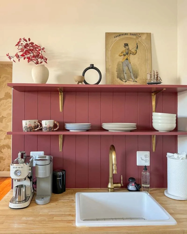 Butcher Block Coffee Bar Station with Terracotta Vertical Paneling