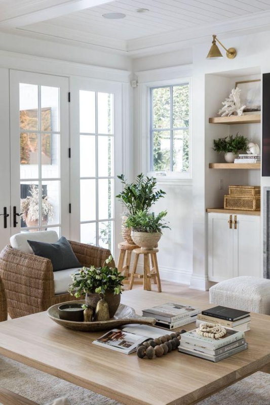 California Casual Living Room: Woven Accent Chair & Built-ins