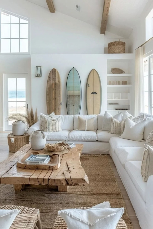 California Living Room: Live-Edge Table & Surfboard Wall Art
