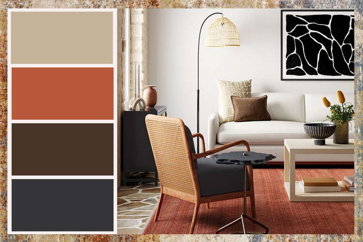 Cane Back Chair styling in a Modern Organic Living Room with Terracotta Rug.