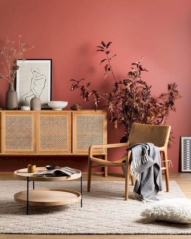 Cane Sideboard & Leather Lounge Chair in a Mid-Century Living Room.