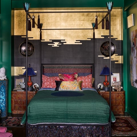 Canopy Bed in Moody Bedroom with Emerald Green Molding and Gold Accents