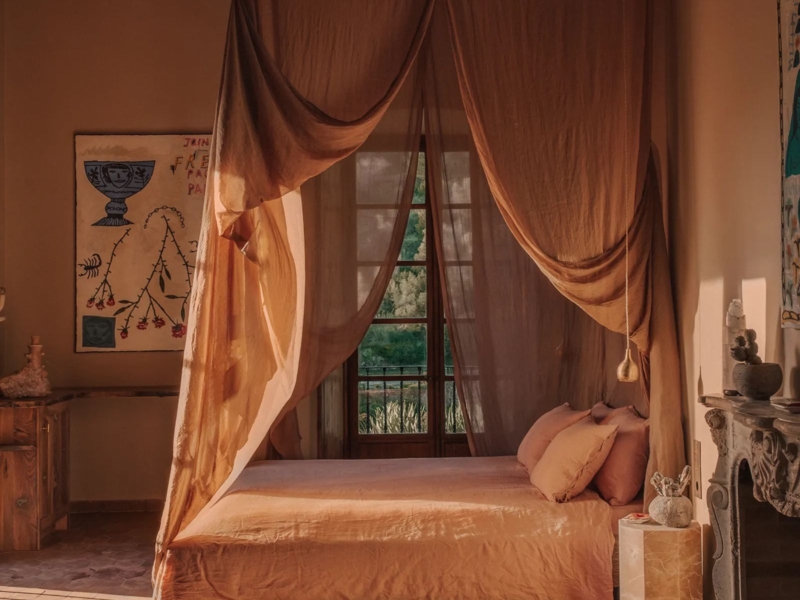 Canopy Bed with Draping, Carved Mantel and Rustic Mediterranean Style