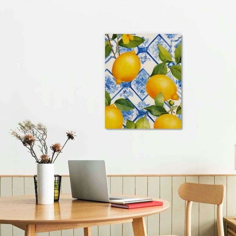 Canvas Wall Art Blue And White Tile Pattern Lemon Motif