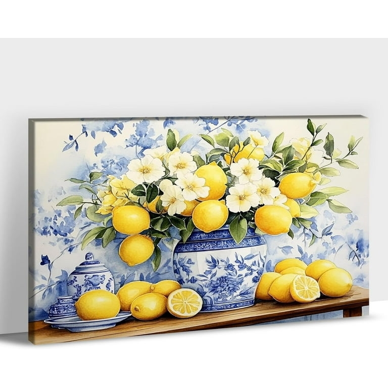 Canvas Wall Art Chinoiserie Floral Still Life Lemon Watercolor